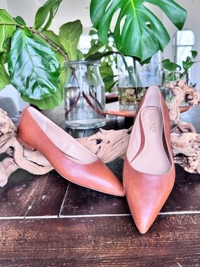 Ralph Lauren Pointed-Toe Leather Flats in Cognac
